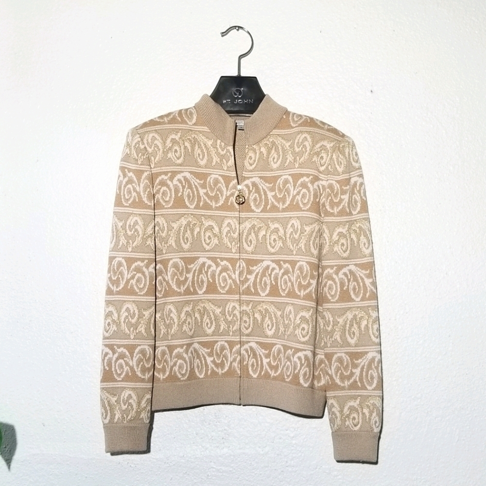 ST JOHN SPORT Santana Knit Metallic Zip Up Sweater